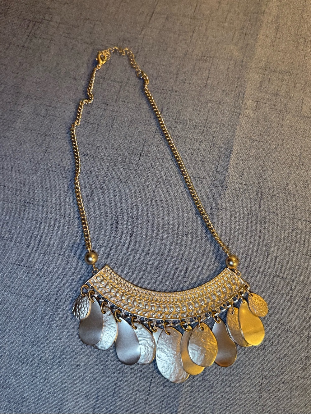 Gold Tone Hammered Teardrop Bib Statement Necklace, Boho Textured Collar